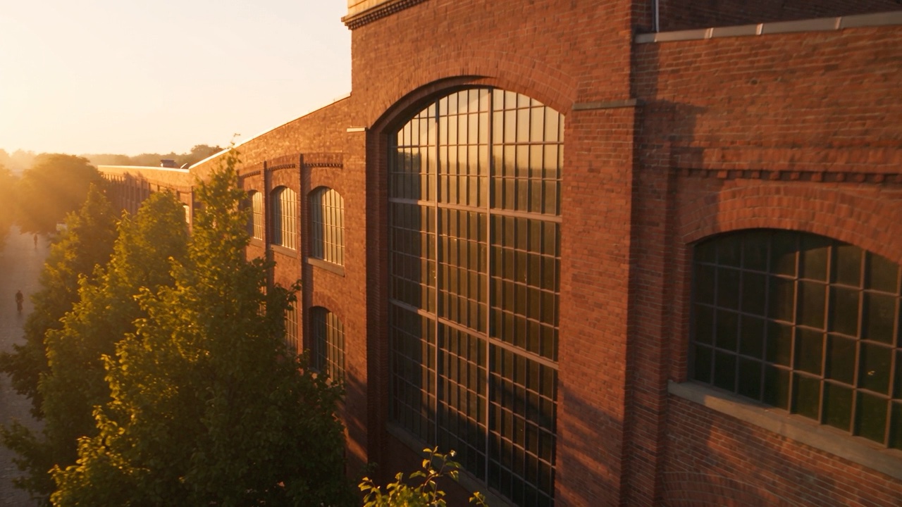 The arched windows of a brick warehouse at golden hour, seen from the air